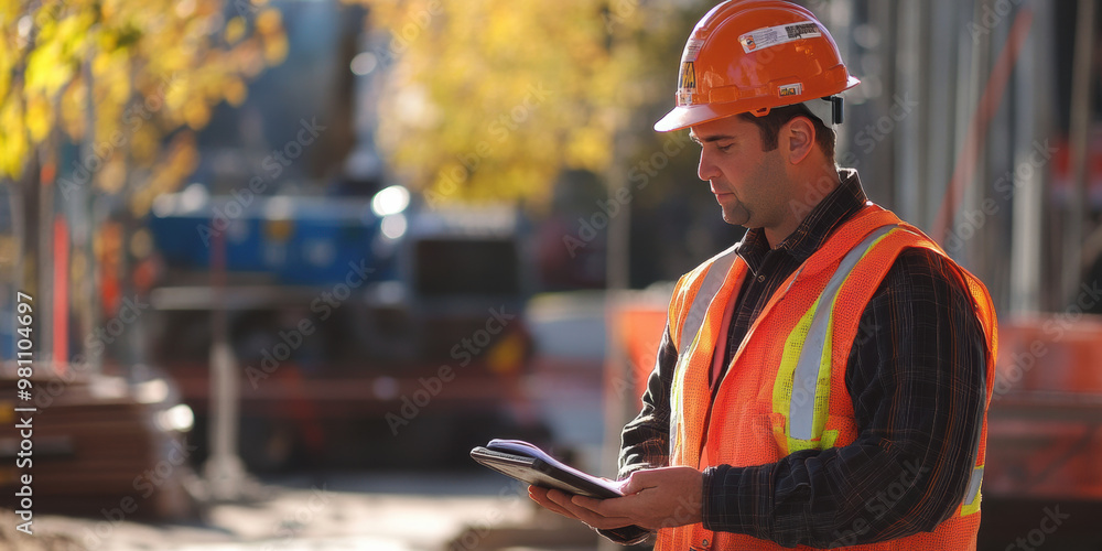 A construction worker assesses adequacy of labor resources on site, wearing safety helmet and reflective vest. scene captures focus and diligence required in construction work A construction worker assesses adequacy of labor resources on site, wearing safety helmet and reflective vest. scene captures focus and diligence required in construction work