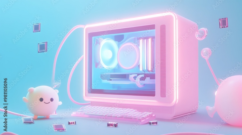 A whimsical computer setup with cute characters and colorful lighting. A whimsical computer setup with cute characters and colorful lighting.