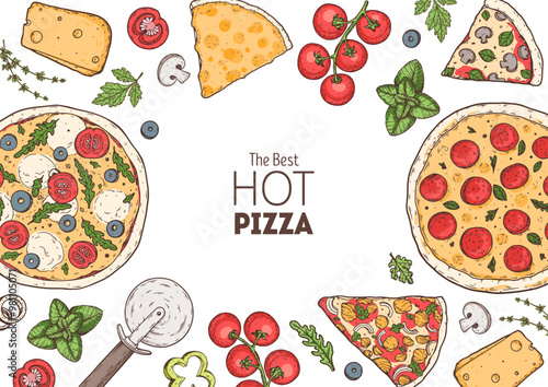 Hand drawn set of pizza. Italian pizza design template. Vector illustration