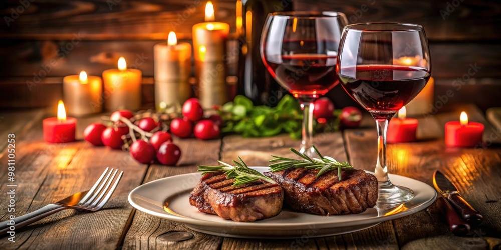 Romantic dinner setting for two with grilled steaks and red wine Stock ...
