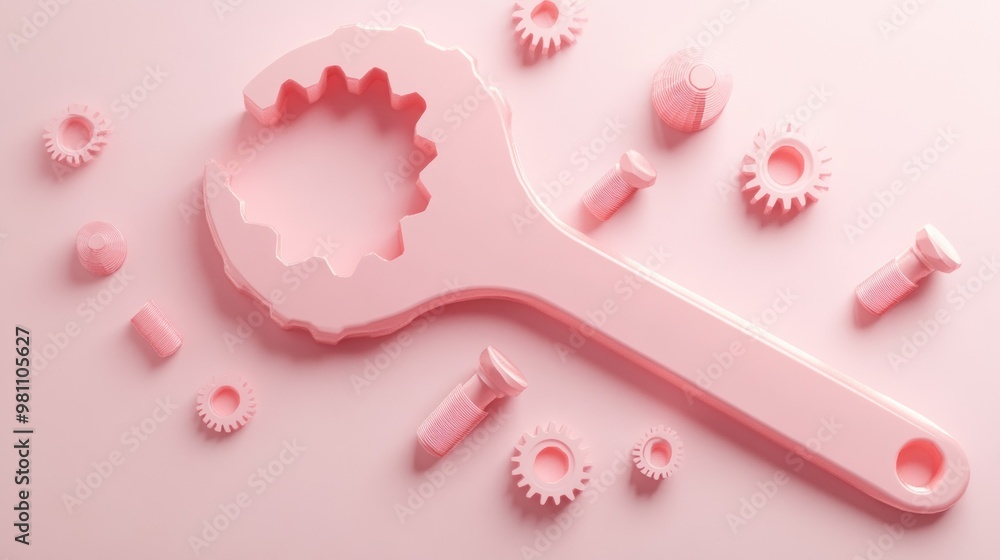 A pink wrench surrounded by gears and bolts, suggesting a playful approach to tools. A pink wrench surrounded by gears and bolts, suggesting a playful approach to tools.