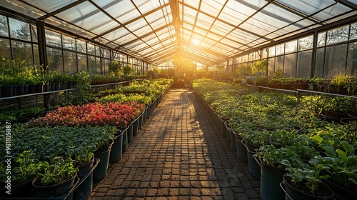 High-Resolution Greenhouse Interior with Plants and Sun Rays AI generated illustration