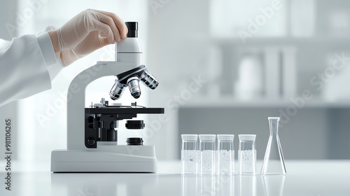 A close-up of a scientist's hand adjusting a microscope in a modern laboratory, surrounded by test tubes and glassware. photo