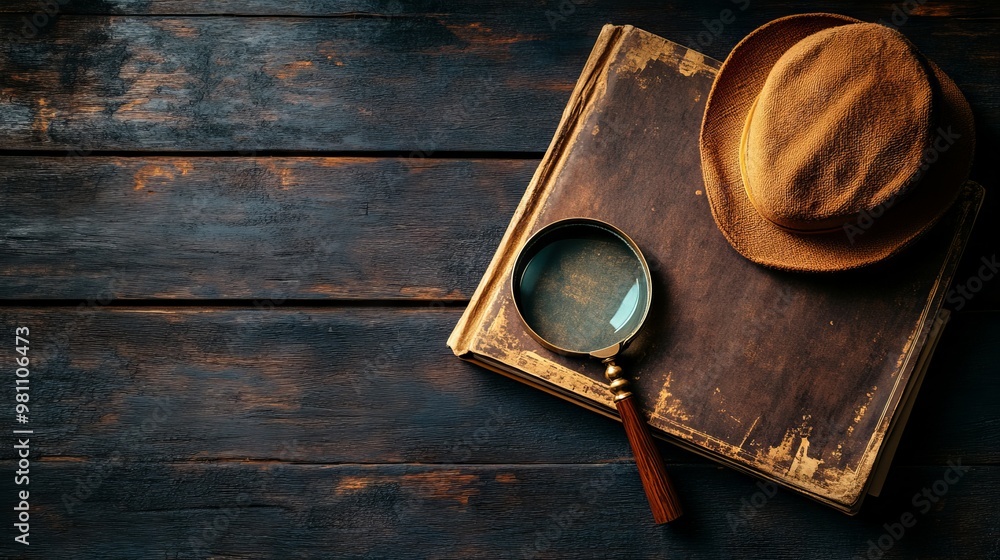 Elegant Detective-Themed Flat Lay with Old Book, Magnifying Glass, and Hat AI generated illustration Elegant Detective-Themed Flat Lay with Old Book, Magnifying Glass, and Hat AI generated illustration