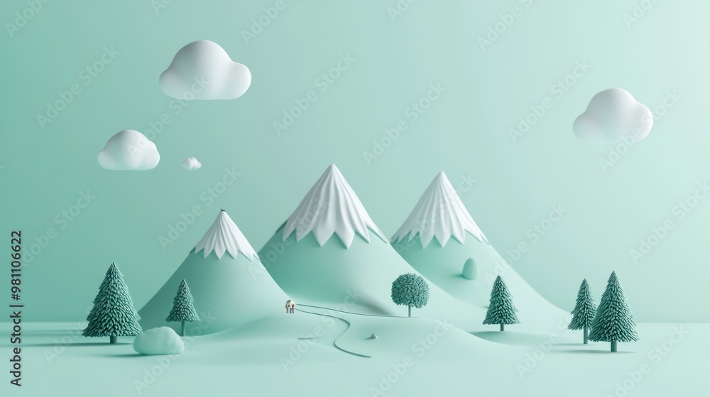 A serene, minimalist landscape featuring mountains, trees, and clouds in soft colors. A serene, minimalist landscape featuring mountains, trees, and clouds in soft colors.