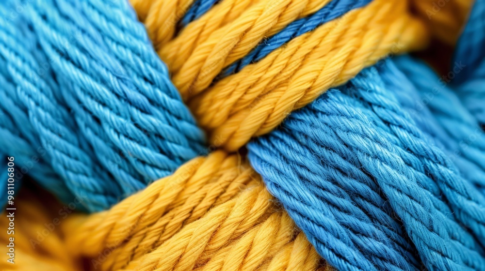 Several strands of cotton thread in bright blue and yellow are tightly twisted together, showcasing their vibrant colors and textures ideal for various creative projects Several strands of cotton thread in bright blue and yellow are tightly twisted together, showcasing their vibrant colors and textures ideal for various creative projects