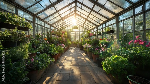 High-Resolution Greenhouse Interior with Plants and Sun Rays AI generated illustration