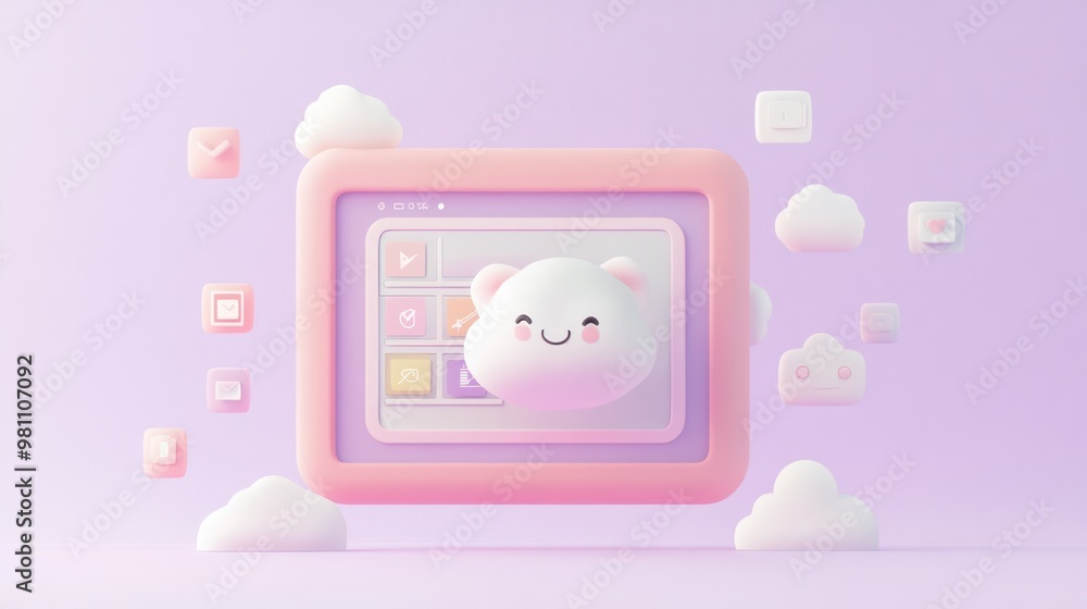 A cute, cloud-themed digital interface with a smiling character and floating icons. A cute, cloud-themed digital interface with a smiling character and floating icons.