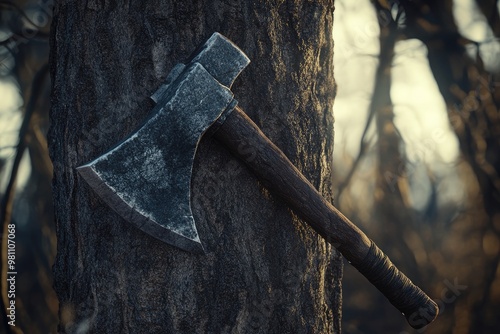 An axe resting against a charred tree trunk in a forest