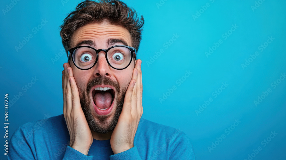 Portrait of a surprised man wearing glasses, with hands on face, standing against a vibrant blue background, expressing shock. Portrait of a surprised man wearing glasses, with hands on face, standing against a vibrant blue background, expressing shock.