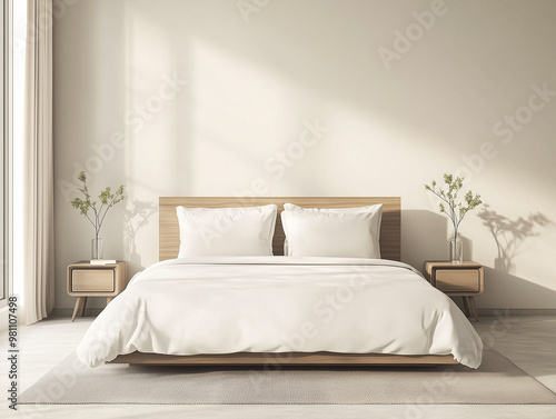 Interior of a modern cozy bedroom in beige color - ai generative