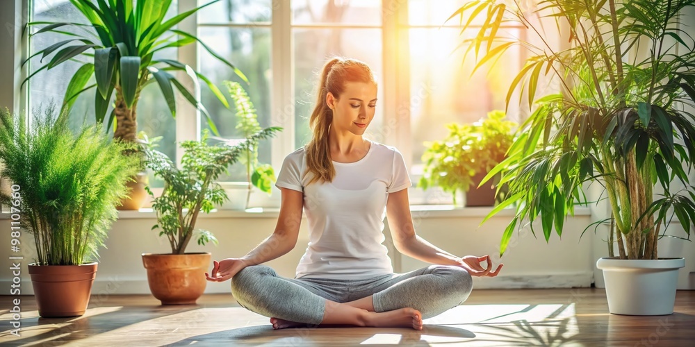 A young woman in white t-shirt and joggers sitting in yoga asana lotus pose meditating in a sunlit room with green plants. Generative AI technology A young woman in white t-shirt and joggers sitting in yoga asana lotus pose meditating in a sunlit room with green plants. Generative AI technology