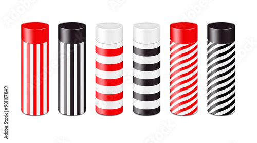 Blank tall two-piece tube gift box with round lid. White, black, red striped design. Realistic 3d vector mock-up. Cardboard tubular cylinder box packaging. Mockup. Easy editable template