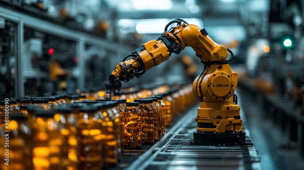 Robotic arm sorting various items on a factory assembly line during daytime operations Robotic arm sorting various items on a factory assembly line during daytime operations