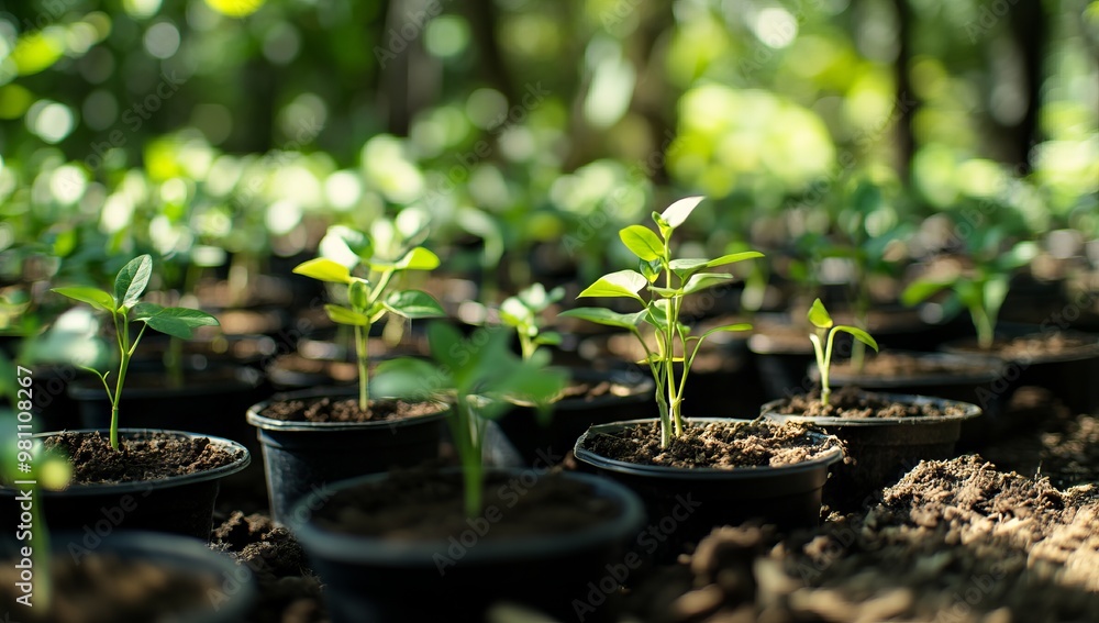 Seedlings Growing in Pots on Forest Floor with Sunlight Through Leaves. AI generated illustration Seedlings Growing in Pots on Forest Floor with Sunlight Through Leaves. AI generated illustration