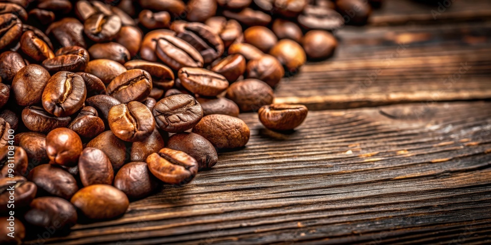Close-up of fresh coffee beans on a rustic wooden background Close-up of fresh coffee beans on a rustic wooden background