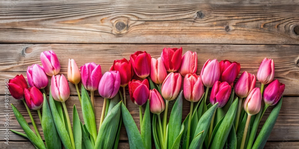 Pink and red tulips arranged beautifully on a rustic wooden background Pink and red tulips arranged beautifully on a rustic wooden background