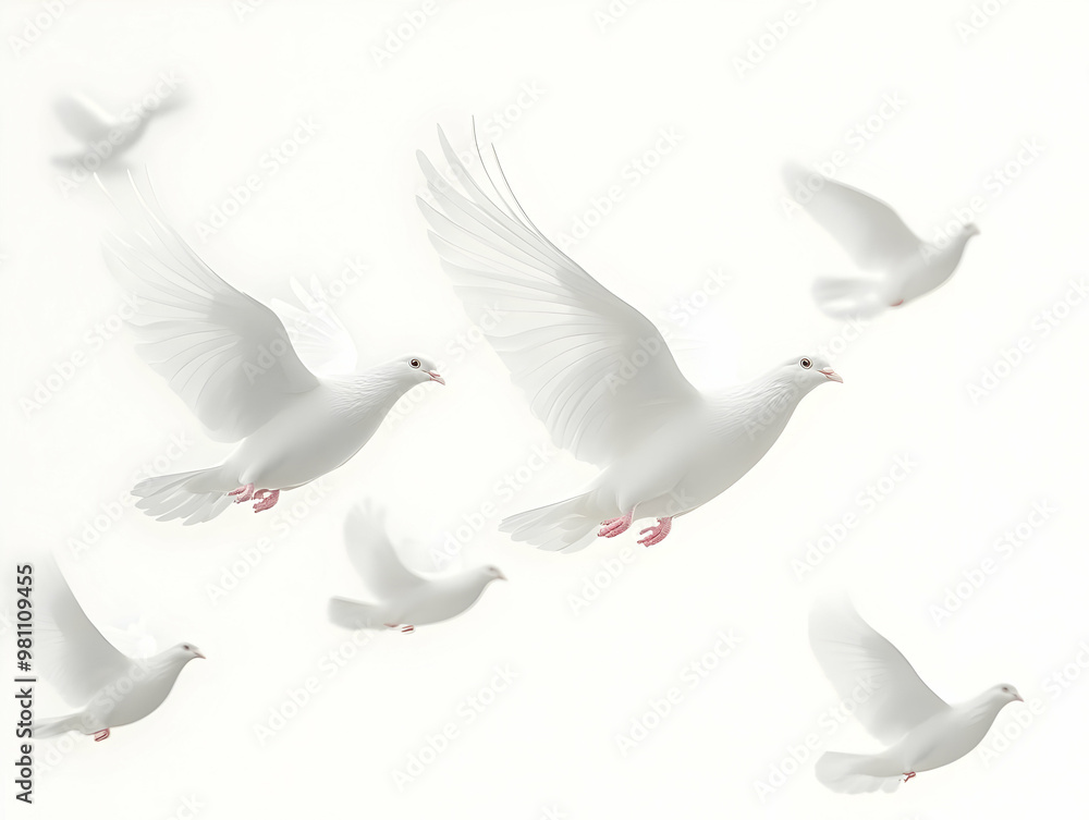 Obraz premium Symbolizing Freedom: Flat Blurred White Doves in Flight - A Serene Wide Shot Concept for Janeiro Branco Mental Health Awareness