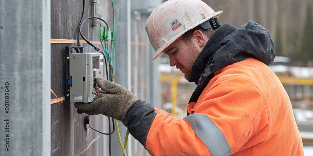 A construction worker installs monitoring equipment for structural integrity, showcasing dedication and precision in challenging environment A construction worker installs monitoring equipment for structural integrity, showcasing dedication and precision in challenging environment