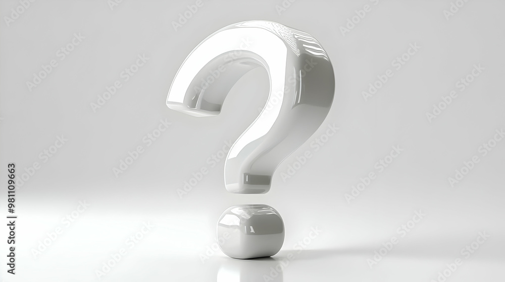 3D Glossy White Question Mark Icon on Reflective Surface - Medium Shot Suggesting Curiosity and Self-Reflection for Mental Health Exploration - Isolated White Background 3D Glossy White Question Mark Icon on Reflective Surface - Medium Shot Suggesting Curiosity and Self-Reflection for Mental Health Exploration - Isolated White Background