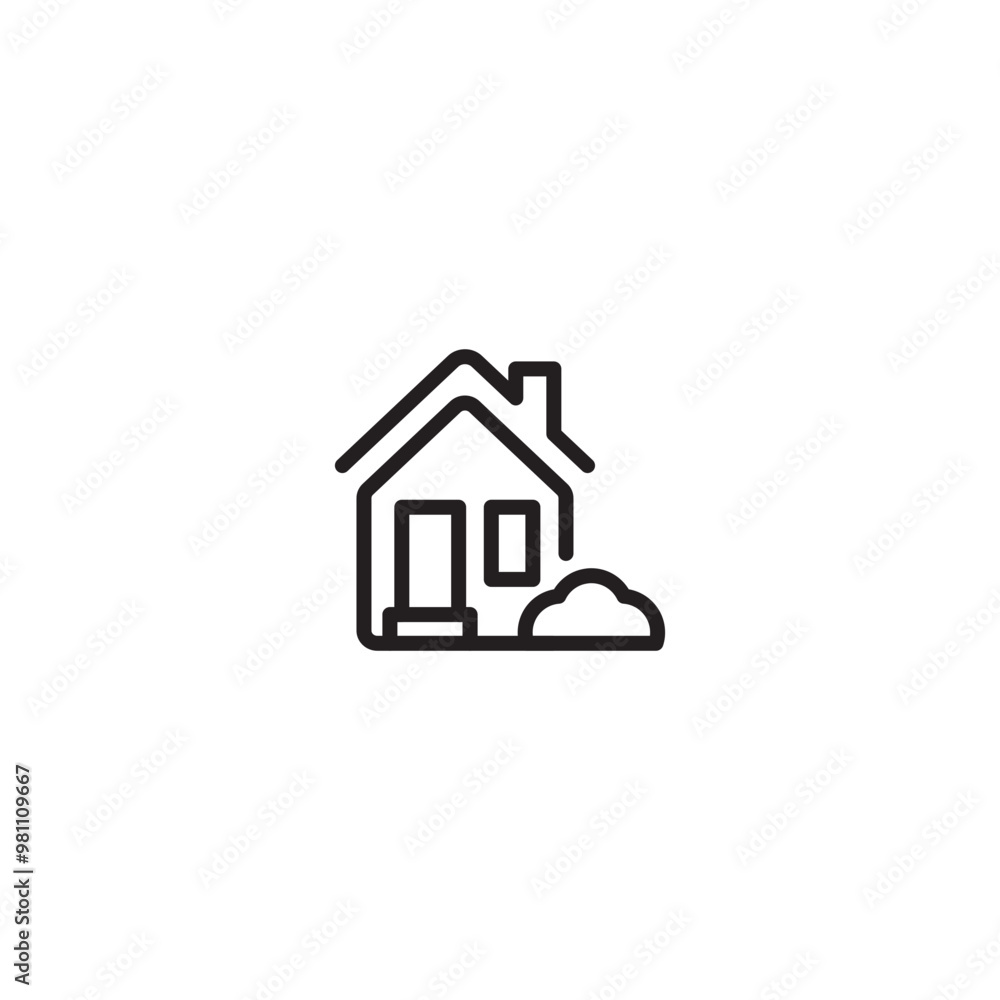 House icon with door, window, gardens, smoke exhaust, outline design vector. Simple black flat vector icon with rounded corners. Editable icon. House icon with door, window, gardens, smoke exhaust, outline design vector. Simple black flat vector icon with rounded corners. Editable icon.
