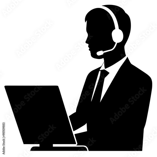 Professional man with headset working on laptop in customer service environment

