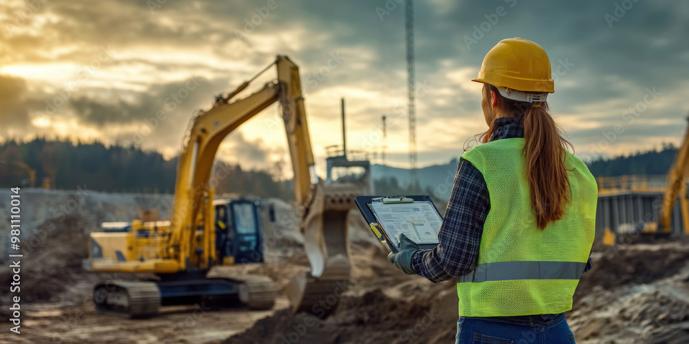 A female engineer in yellow hard hat and reflective vest inspects construction equipment at site during sunset. scene conveys sense of diligence and professionalism A female engineer in yellow hard hat and reflective vest inspects construction equipment at site during sunset. scene conveys sense of diligence and professionalism