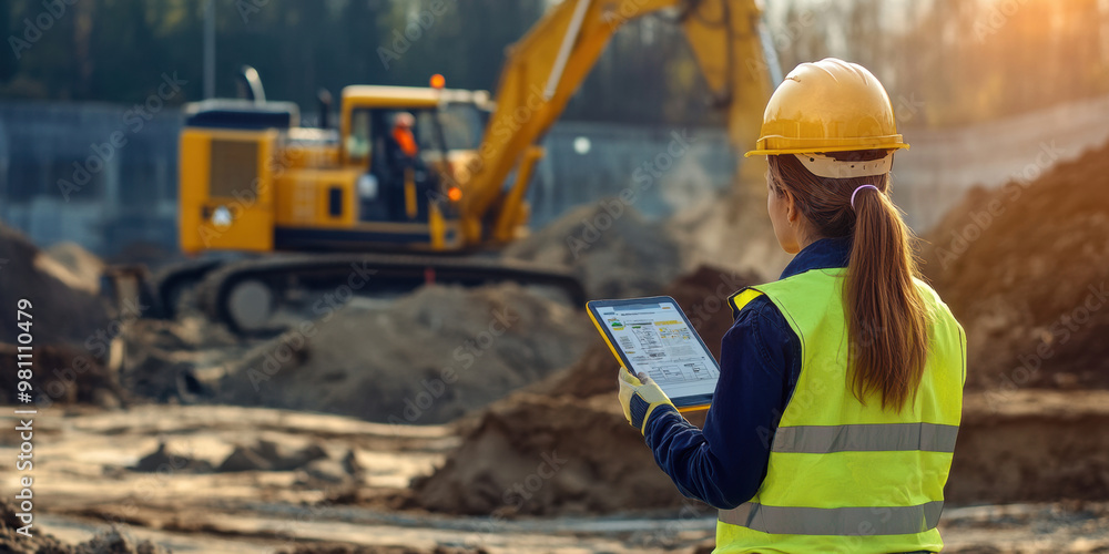 A female engineer in yellow safety vest and hard hat inspects construction site while using tablet. Heavy machinery is visible in background, showcasing an active work environment A female engineer in yellow safety vest and hard hat inspects construction site while using tablet. Heavy machinery is visible in background, showcasing an active work environment