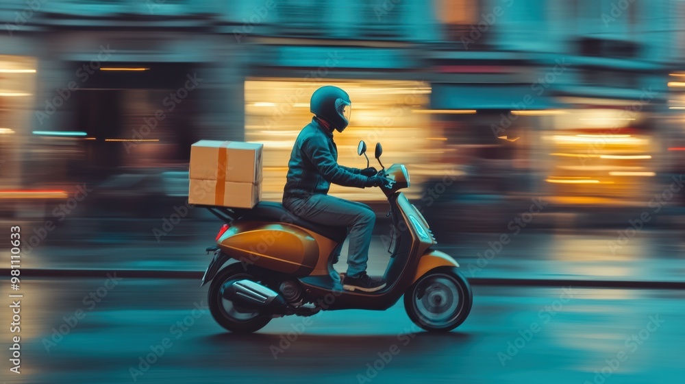 Delivery Rider on Scooter in Urban Environment Delivery Rider on Scooter in Urban Environment