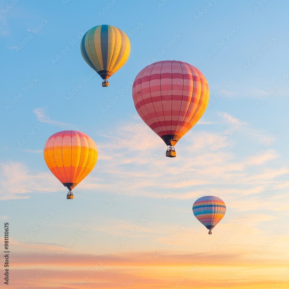 Fototapeta premium Four colorful hot air balloons ascend against a blue sky with fluffy white clouds at sunset.