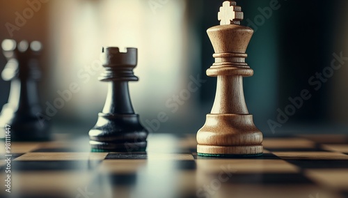 Wooden Chess Pieces with White King and Black Rook Facing Each Other. AI generated illustration