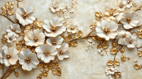 Vintage 3D Wallpaper with White Flowers and Golden Elements on a Beige Background -- AI generated illustration