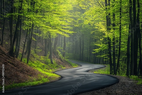 Winding Forest Road in Spring with Green Trees and Misty Morning Light. AI generated illustration