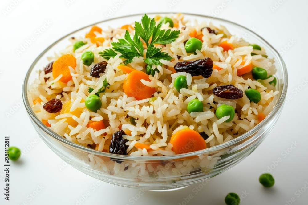 a delicate glass bowl containing a flavorful greek rice dish, with vibrant orange carrots, green peas, and sweet raisins scattered throughout a delicate glass bowl containing a flavorful greek rice dish, with vibrant orange carrots, green peas, and sweet raisins scattered throughout