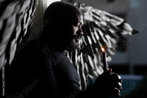 Fotografija Mystical angel with black wings holding candle in dark reverie