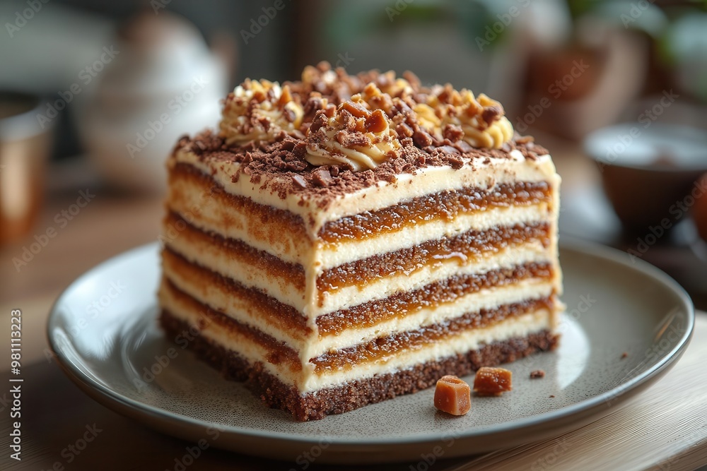 decadent toffee cake with layers of velvety caramel frosting golden toffee shards crown the dessert creating visual interest presented on an elegant ceramic plate emphasizing indulgence decadent toffee cake with layers of velvety caramel frosting golden toffee shards crown the dessert creating visual interest presented on an elegant ceramic plate emphasizing indulgence