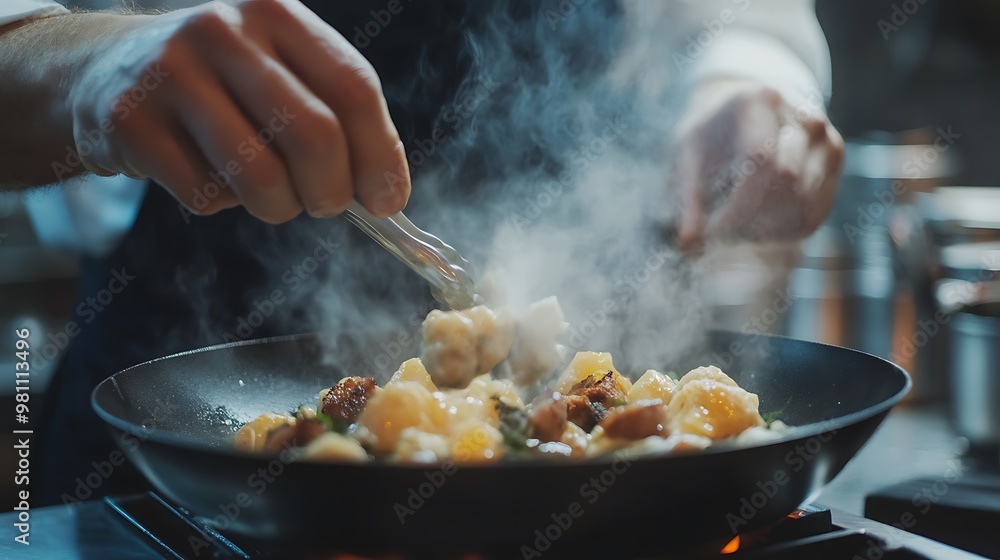 A chef skillfully prepares a steaming dish in a skillet, showcasing culinary techniques. A chef skillfully prepares a steaming dish in a skillet, showcasing culinary techniques.