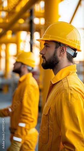 Two male construction workers with yellow helmets and suits, standing at a construction site, focused and ready for work.