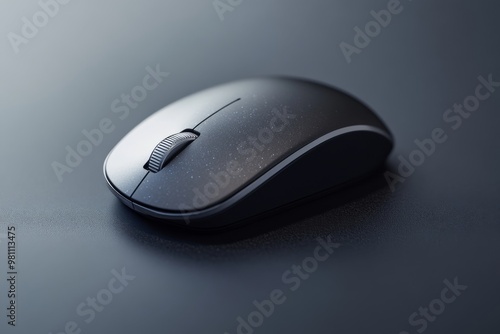 a detailed, close-up shot of a modern, silver, and black wireless mouse on a soft, dark gray background, with a subtle texture effect. photo