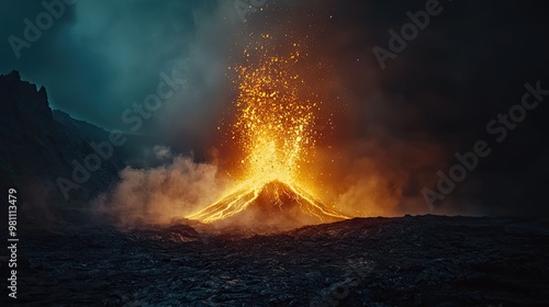 a volcano in Icelandâ€™s hyperrealistic cinematic surreal light shimmers and shiny dust particles motion lines and light leaks photo