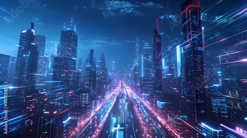 A cityscape with many buildings and lights. The city is lit up at night, giving it a vibrant and lively atmosphere. The buildings are tall and spread out, creating a sense of depth and scale
