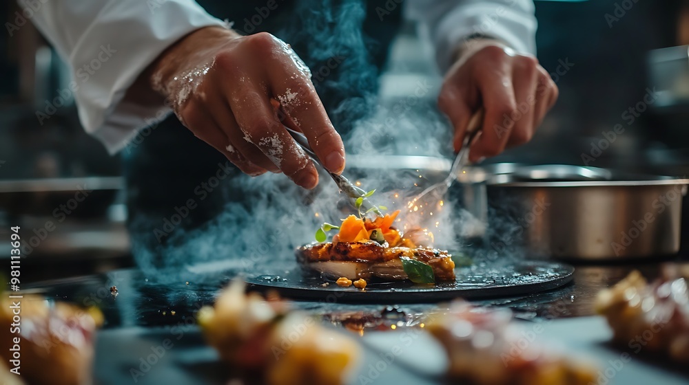 Fototapeta premium A chef garnishing a gourmet dish with smoke and vibrant ingredients in a professional kitchen setting.