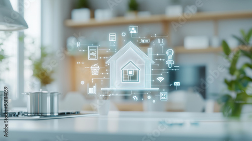 A modern kitchen scene featuring a digital home blueprint overlay, symbolizing smart home technology and innovative design.