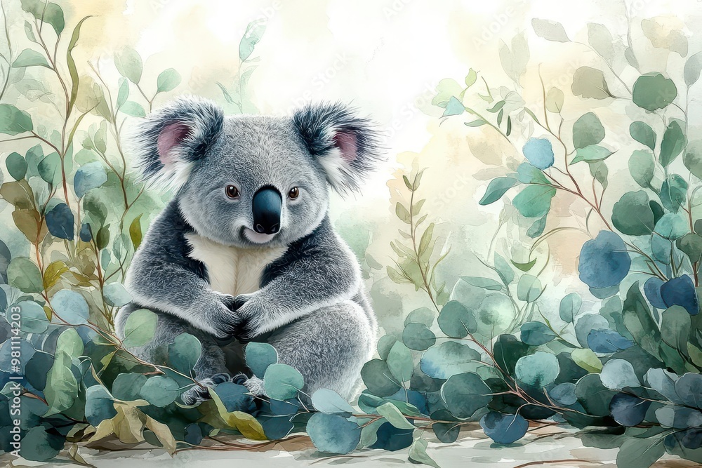 delicate watercolor koala soft gray fur textures eucalyptus leaves dreamy white background with subtle color washes delicate watercolor koala soft gray fur textures eucalyptus leaves dreamy white background with subtle color washes