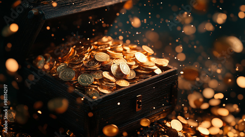 A treasure chest overflowing with shimmering gold coins, surrounded by sparkling particles, evokes a sense of wealth and adventure. photo