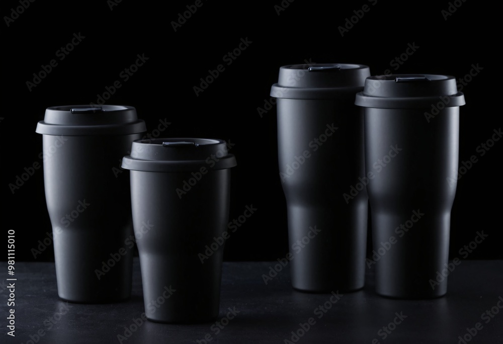 Reusable Coffee Cup To Go. Mug and tumbler thermos flask of black color on black background. Mock up. Ai generated image. Reusable Coffee Cup To Go. Mug and tumbler thermos flask of black color on black background. Mock up. Ai generated image.