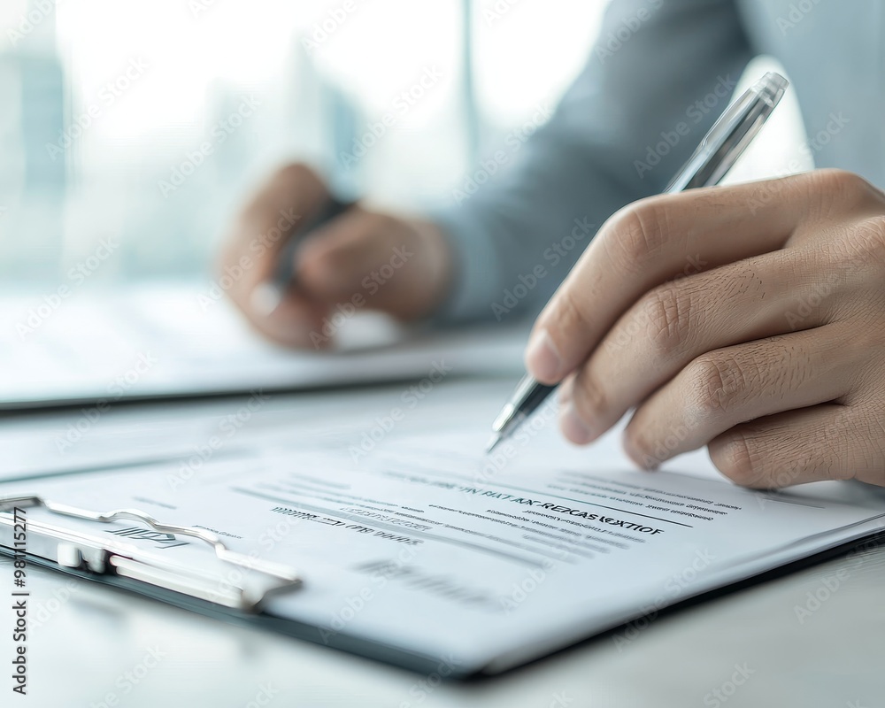 Close-up of a person's hand signing a document with a pen. The image depicts business, contract, and agreement. Close-up of a person's hand signing a document with a pen. The image depicts business, contract, and agreement.