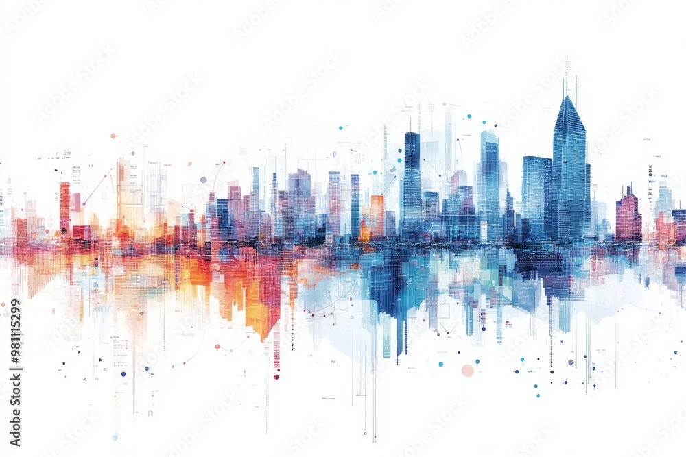 a futuristic illustration of a cityscape with buildings and skyscrapers made up of data points and charts, symbolizing urban planning and data-driven development illustration a futuristic illustration of a cityscape with buildings and skyscrapers made up of data points and charts, symbolizing urban planning and data-driven development illustration