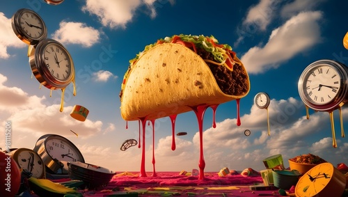 A dreamlike scene of a giant taco floating in the sky, with melting clocks and surreal objects scattered around