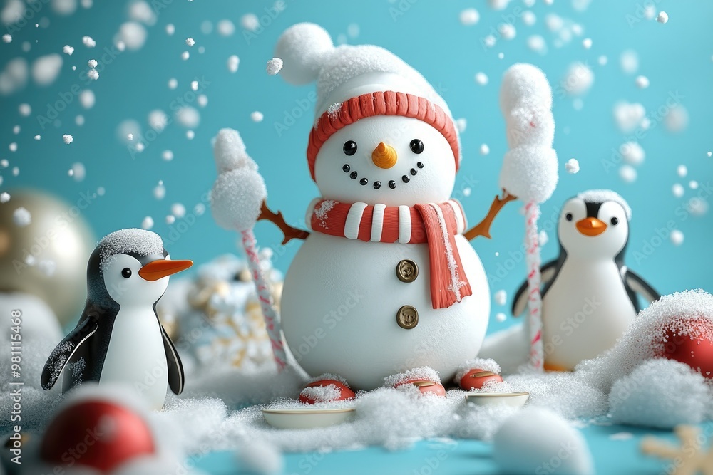 Cute 3D clay snowman, skis, and penguin icons on a cool blue background with a light snowstorm effect Cute 3D clay snowman, skis, and penguin icons on a cool blue background with a light snowstorm effect